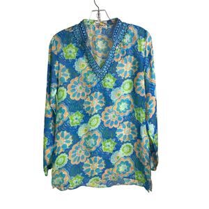 Bella Tu Top Wmns Sz XS Blue Floral V-Neck Beaded Collar Slit Side Pool Coverup